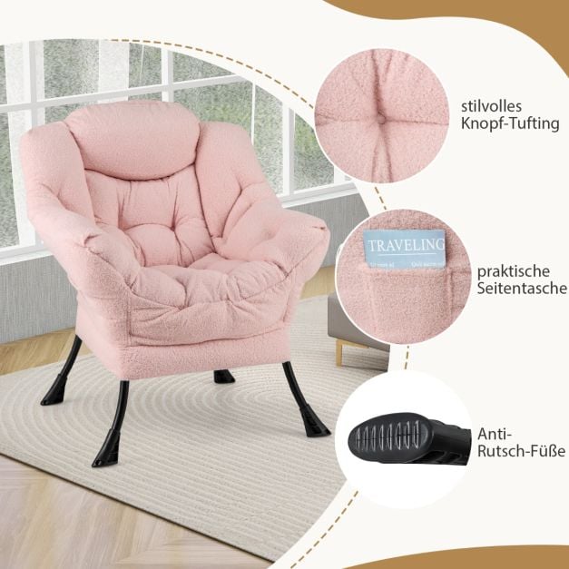 Coast Rosa Loungesessel mit Armlehnen, Kopfkissen und Seitentasche – Relaxsessel mit optionalem Fußhocker – Sherpa – Rosa