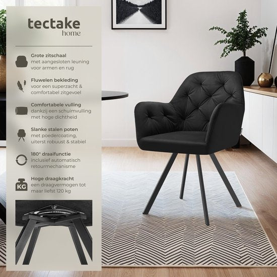 tectake - Drehstuhl in Samtoptik - Esszimmerstuhl mit Armlehnen - Ergonomischer Sitz und Rückenlehne - 180-Grad-Drehung - Moderner Stuhl mit Stahlbeinen - Verschiedene Farben - Schwarz