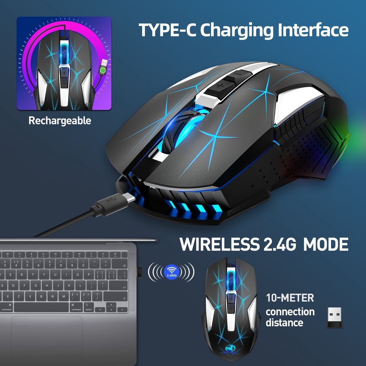 HXSJ T300 2.4G Wireless Gaming Mouse - Computermäuse - Ultraleicht - Kompakt für unterwegs - RGB-Beleuchtung - Schwarz