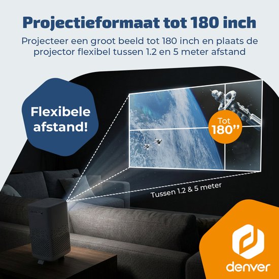 Denver tragbarer Beamer – 4K 3840 x 2160p – 150 ANSI-Lumen – Projektor – Integrierter Akku – Heimkino – HDMI – USB-C – PR4700