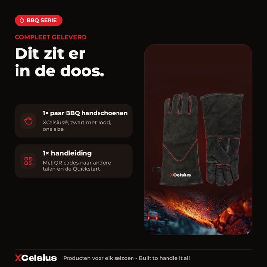 XCelsius® BBQ-Handschuhe aus Spaltleder – TÜV-zertifiziert nach EN 407 – Hitzebeständige Grill- und Ofenhandschuhe – Für Kamado, Gusseisen, Roste und Hitzeschilde – Geschenke für Männer – 1 Paar – Schwarz mit Rot