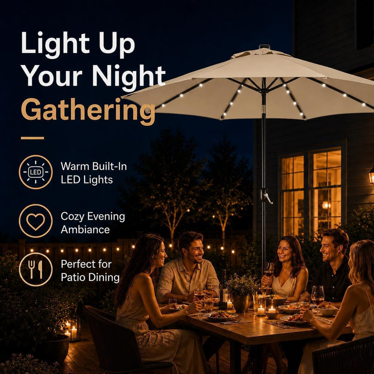 Yaheetech Sonnenschirm mit Solarbeleuchtung – 32 LED-Lämpchen – Ø 9 ft – Farbe: Tan