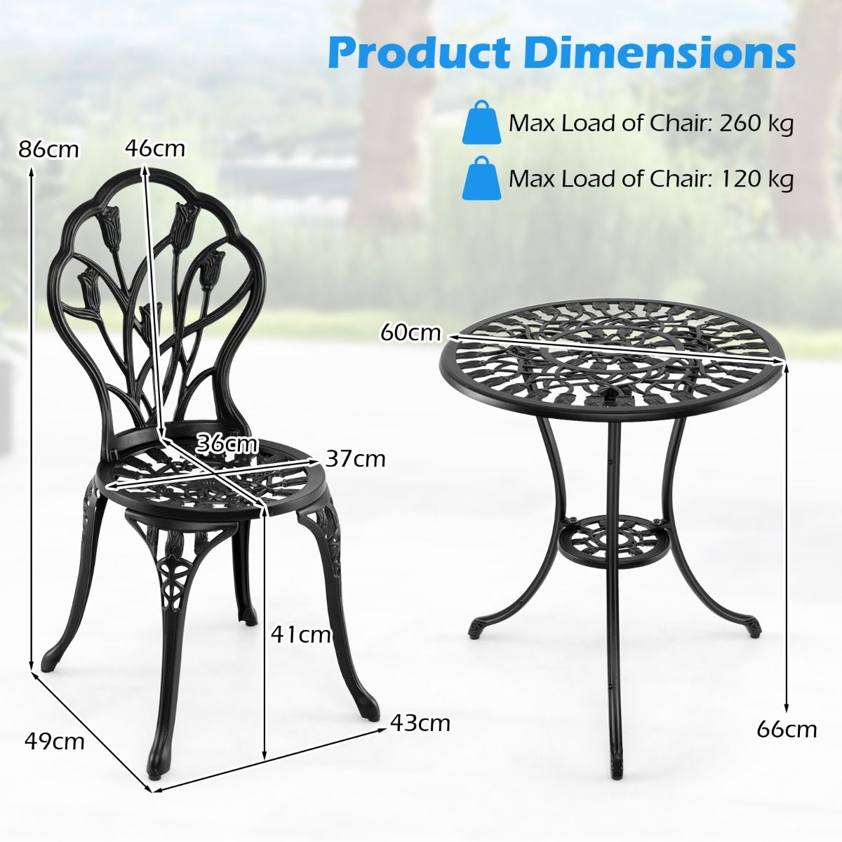 Coast-Gartenset aus Aluminiumguss – 3-teilig – mit Sonnenschirmloch – schwarz