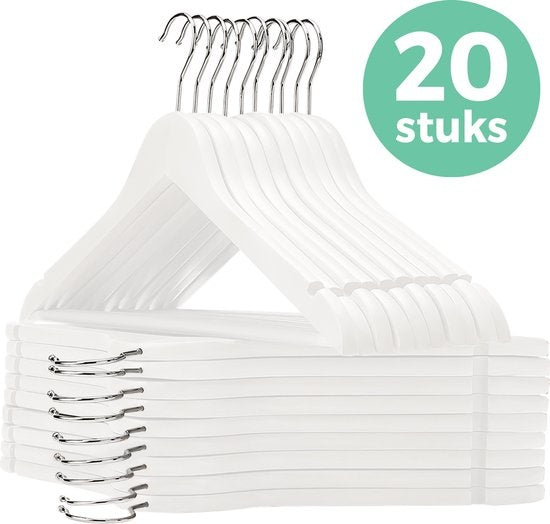 LifeGoods Kleiderbügel - Mit Hosenstange - Hartholz - Weiß - 20 Stück