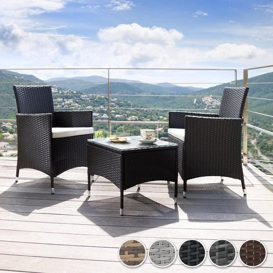 tectake - Geflechtmöbel-Gartenset mit abnehmbaren Bezügen, 2 Stühle und Tisch mit Glasplatte, 2x Outdoor-Loungesessel mit Armlehnen und Gartentisch, Gartenmöbel-Set, Balkonmöbel - hellgrau - Poly-Rattan