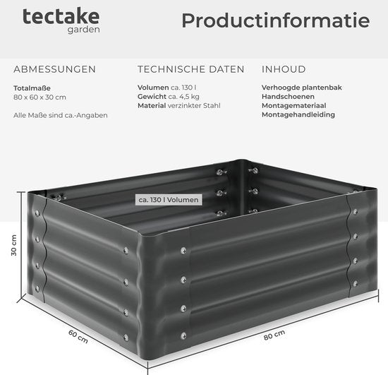 tectake® Erhöhter Pflanzkübel – 80 x 60 x 30 cm – 130 l – Pflanzkübel für den Außenbereich – Anzuchtkasten – Gemüsegarten-Kasten – Verzinkter Stahl – Offener Boden – Kräutergarten – Gartenkübel – Ergonomisch