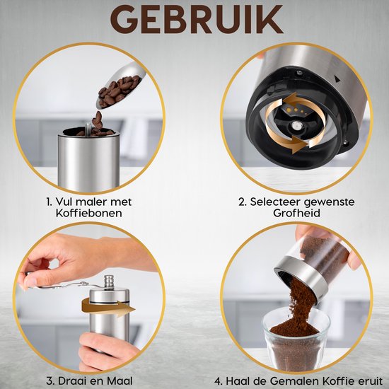 NOI Amsterdam - Manuelle Kaffeemühle - Kaffeemühle - Bohnenmühle mit verstellbaren Positionen inkl. Reinigungsbürste - Edelstahl - Keramikscheiben - Küchenzubehör - Kaffee - Kaffeebohnen