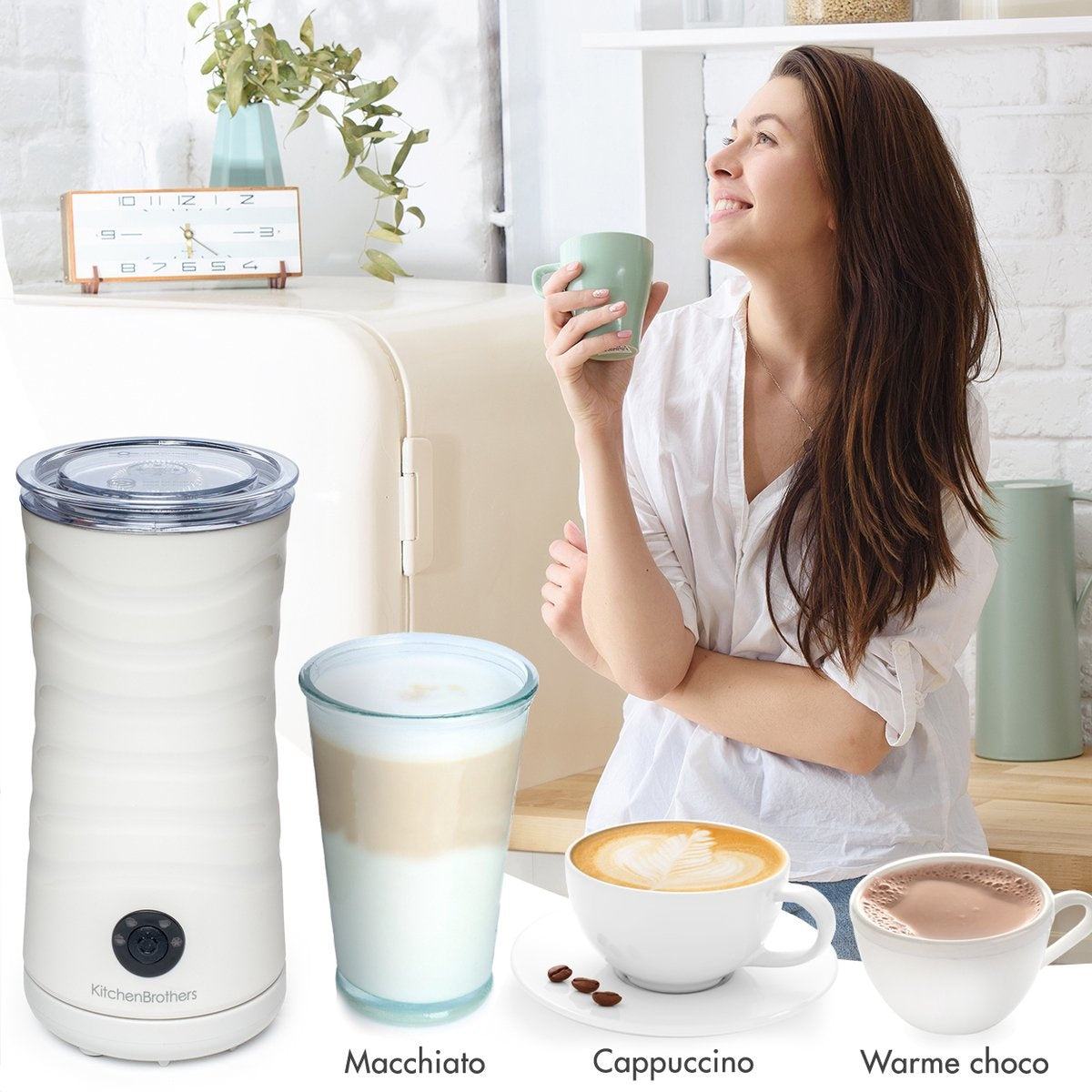 KitchenBrothers Elektrischer Milchaufschäumer – 4-in-1 mit Warmhaltefunktion – 240 ml – Antihaft – Weißer Edelstahl