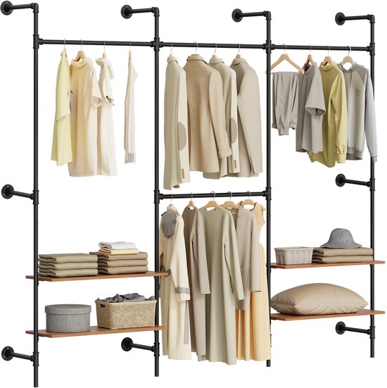 SoBuy Wandgarderobe mit 4 Kleiderstangen und 4 MDF-Regalböden, offener Kleiderschrank, Tragkraft 120 kg für das Schlafzimmer, 265 x 48 x 220 cm, Industrial-Schwarz KLS19-SCH