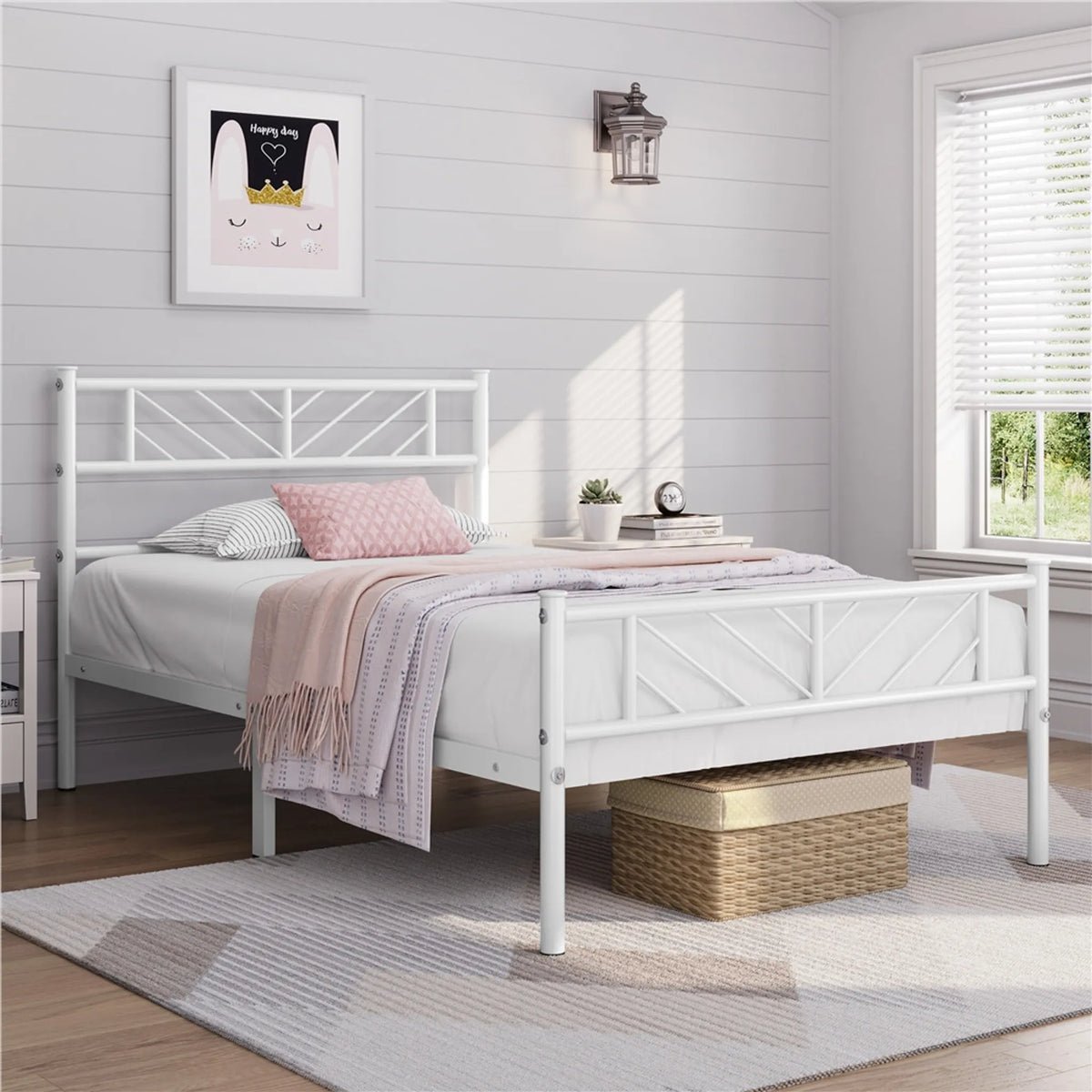 Yaheetech Metall-Bettgestell 90 x 190 cm – 196,5 x 96 x 88,5 cm – Weiß – 32 cm hoch – mit Kopfteil