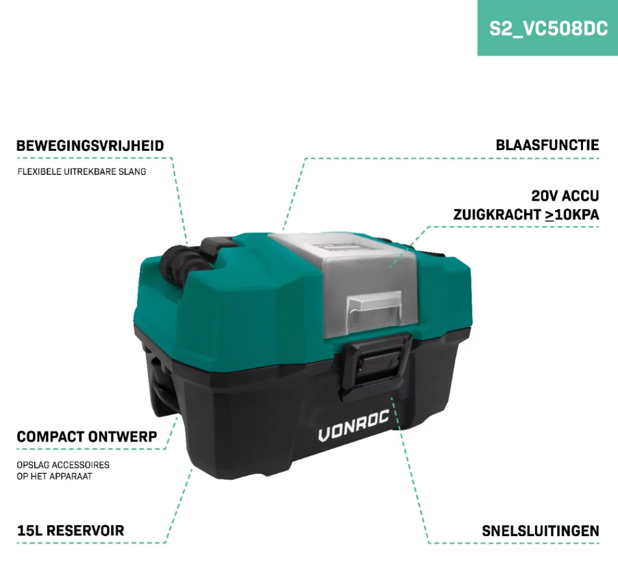 VONROC - Kompakter Allzwecksauger 20V - 2.0Ah - Inkl. Zubehör, 2 Akkus und Schnellladegerät - Grün/Schwarz