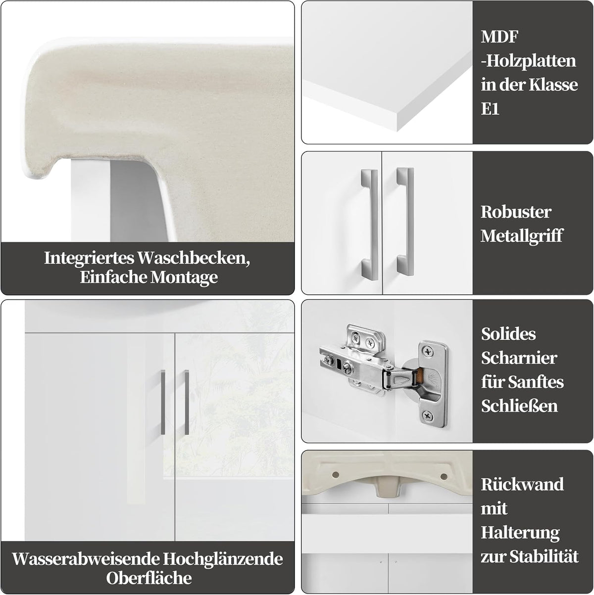 Yaheetech Badezimmerschrank mit Waschbecken – Weiß Hochglanz – 61 x 43,5 x 84 cm – Freistehend, Keramik-Waschbecken