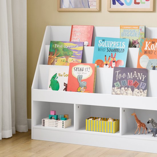 SoBuy Montessori KMB118-W Bücherregal für Kinder, Kinderregal mit 3 Ablagefächern und Spielzeugregal, Kinderzimmer, Bücherregal und Spielzeugregal, weiß, 100 x 80 x 30 cm