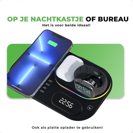 iSetchi Wireless Qi Charger 15 Watt Schnellladegerät (4-in-1) - Mit Quick Charge 3.0 Adapter, LED Uhr & LED Lampe - Qi Ladestation