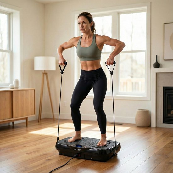 Fitby Vibrationsplatte – Fitness-Vibrationsplatte – Powerplate – inkl. Widerstandsbänder und Griffe – mit Fernbedienung – 3 Trainingsmodi – 120 Geschwindigkeitsstufen – Schwarz
