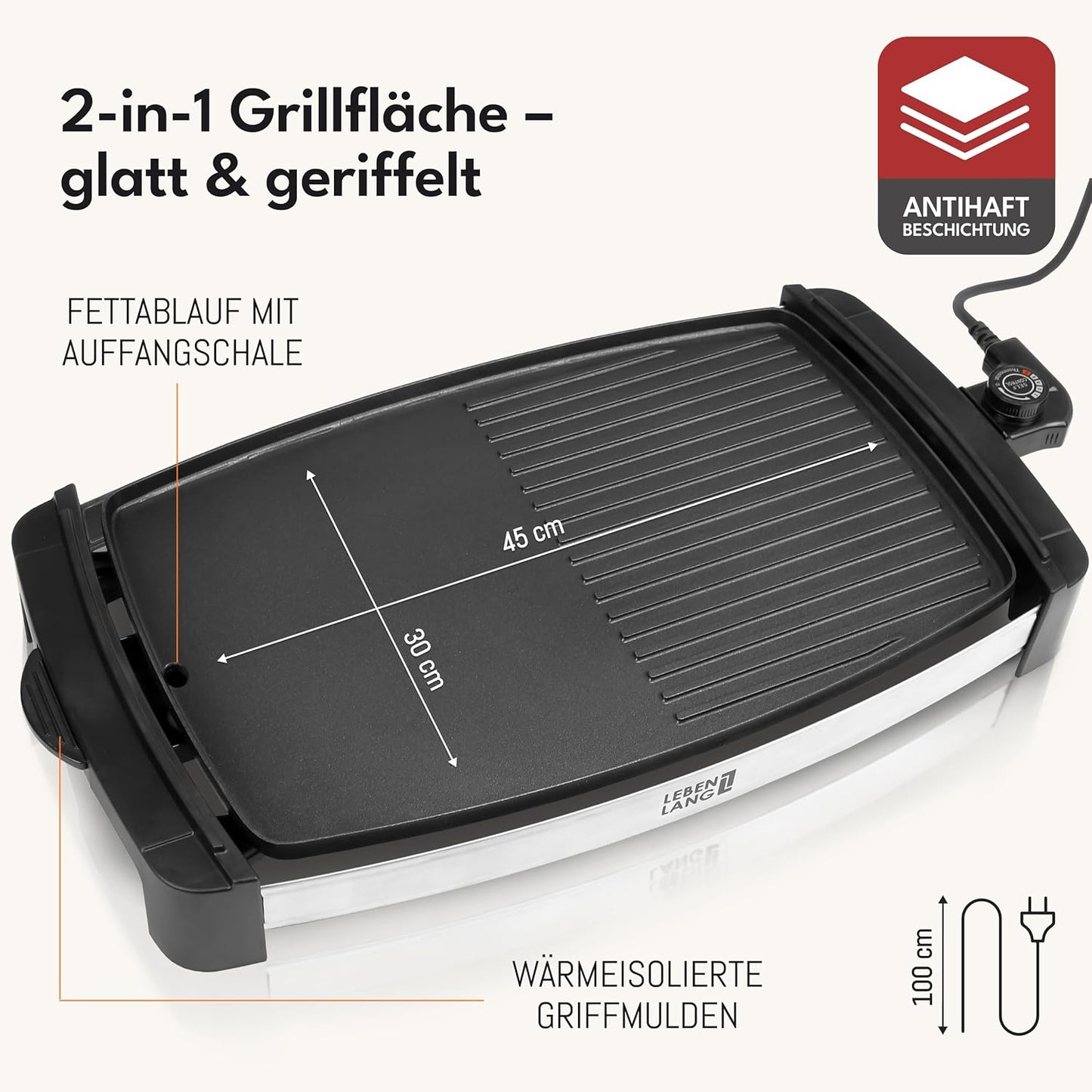 LEBENLANG - Elektrogrillplatte - inkl. Fettauffangschale - Für 8 Personen - drinnen und draußen - 1800W - Schwarz