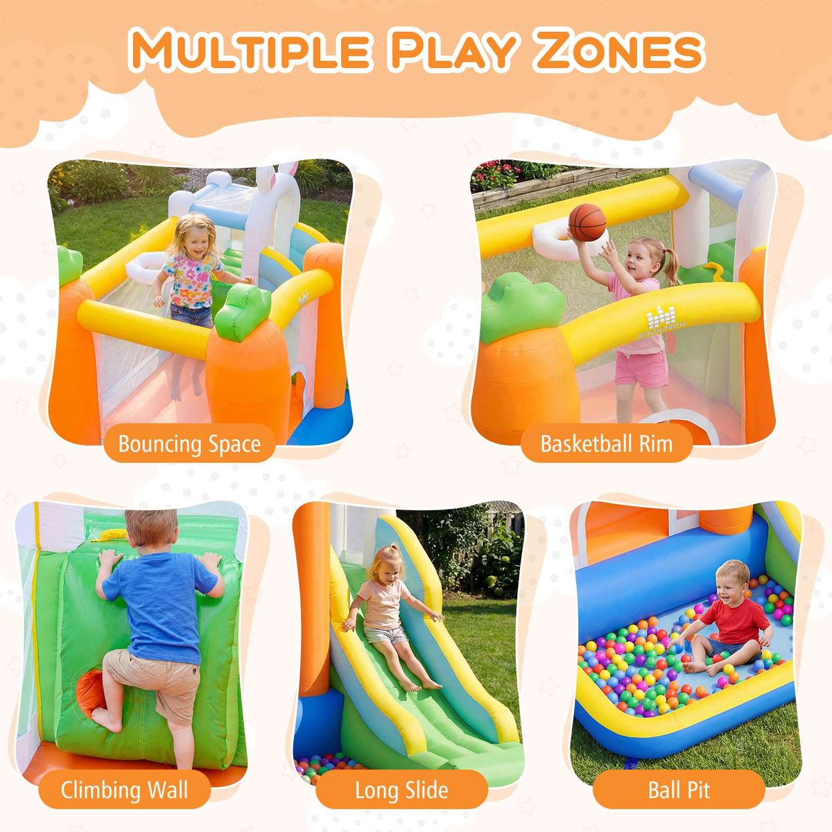 Coast Aufblasbare Hüpfburg – mit Rutsche und Bällebad – Basketballkorb und Kletterwand – mehrfarbig 280 x 245 x 193 cm