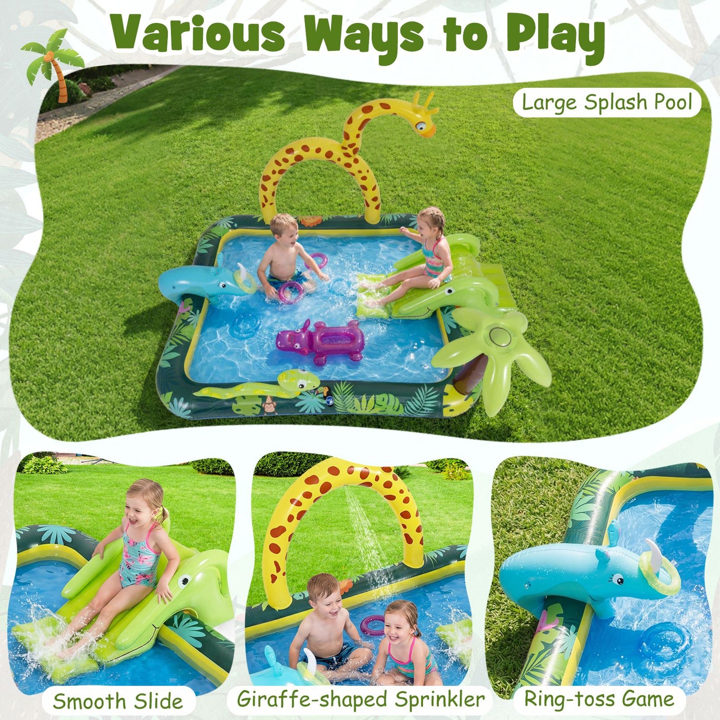 Coast „Tiere im Dschungel“ – Aufblasbares Schwimmbecken mit Rutsche und Sprinkler – Ringwurfspiel – Wasserspielzentrum für Kinder – 208 x 178 x 138 cm – Mehrfarbig