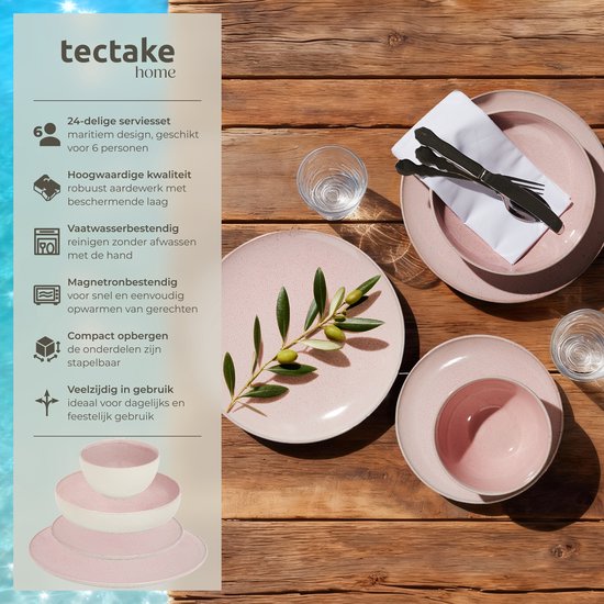 tectake® Geschirrset Mare – 24-teilig – Steingut mit glänzender Glasur - Für 6 Personen - Handgefertigtes Geschirr - Modernes Geschirrset mit großen und kleinen Tellern, Schüsseln und Schälchen - Spülmaschinen- und mikrowellengeeignet - Rosa