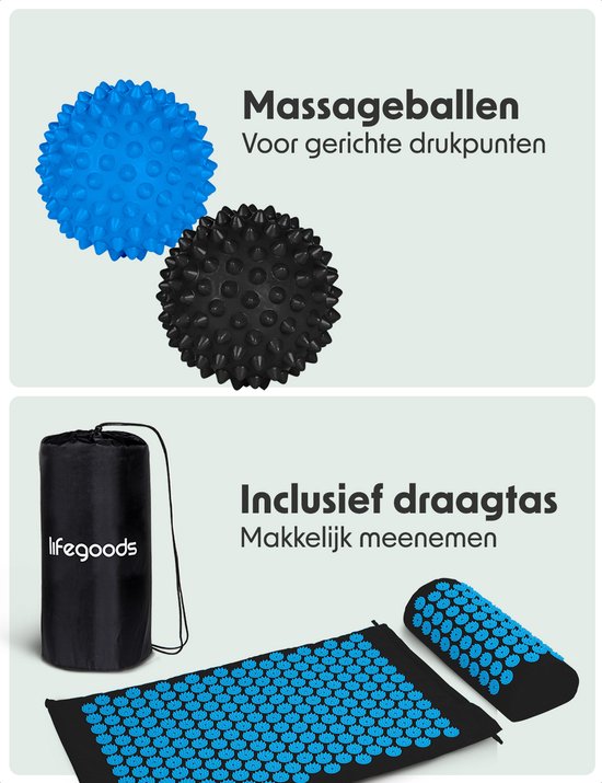 LifeGoods Akupressurmatte mit Kissen - Shakti Matte - Nagelmatte inkl. 2x Triggerpunkt Ball - 66x40x2cm - Schwarz/Türkis