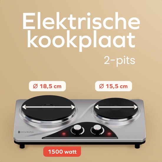 KitchenBrothers Elektrokochfeld - 2 Brenner - Freistehend - 7 Temperaturstufen - 1500W + 1000W - Edelstahl/Schwarz
