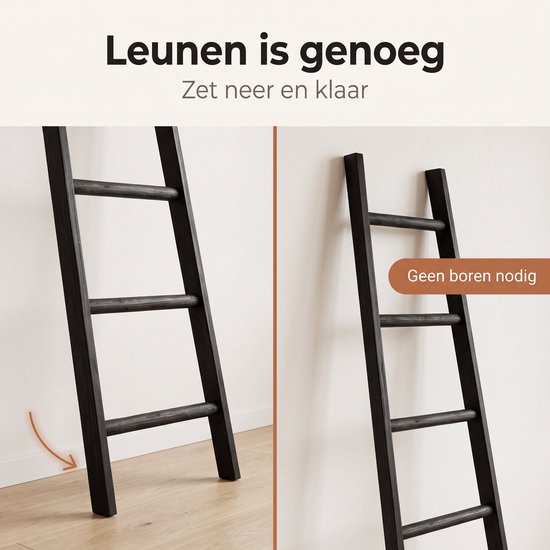 Cheqo® Dekorationsleiter – Handtuchleiter – Dekorationsleiter aus Holz – Schwarze Dekorationsleiter - Leiterregal – Handtuchhalter – Zierleiter – Badezimmerleiter – Kleiderleiter – Dekorative Leiter für den Innenbereich – Leiter für Plaids – Wohnleiter