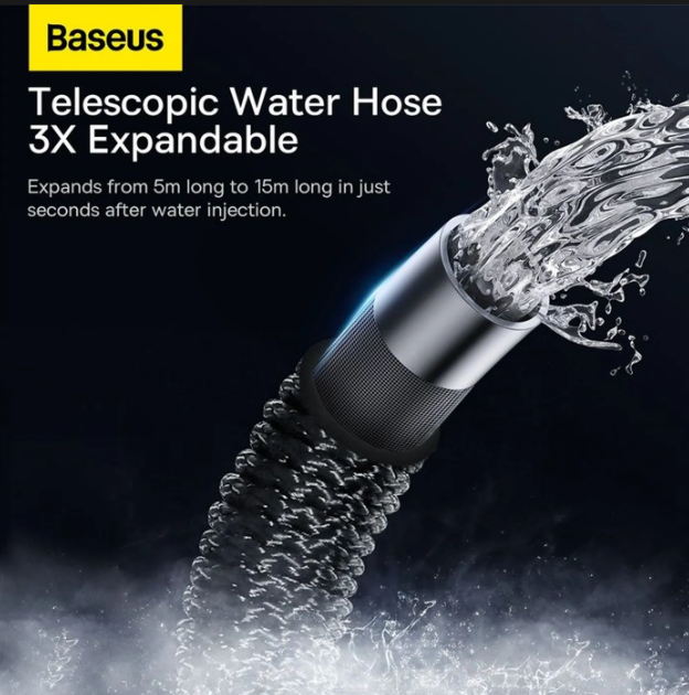Baseus GF3 Autowassersprühvorrichtung – 15 m ausziehbarer Wasserschlauch – 3 Sprühstufen – Universalanschluss – Dunkelgrau