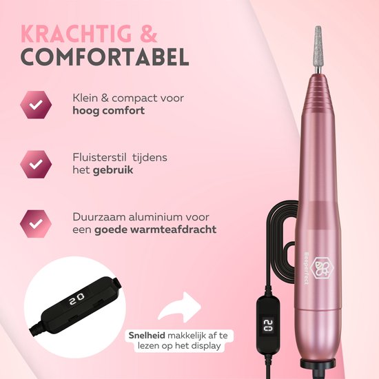 Beeperfect® Elektrische Nagelfeile - Nagelfräser - Maniküre- und Pediküreset - 12 Bits und 60 Schleifrollen - 4 Extra-Zubehör - Pink