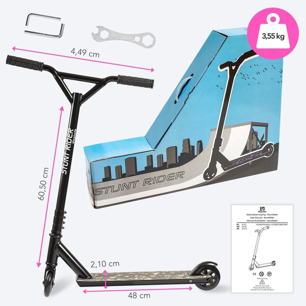 LifeGoods StuntRider - Stunt-Scooter - Stufe 8+ Jahre - 100mm Räder - Jungen/Mädchen - Schwarz