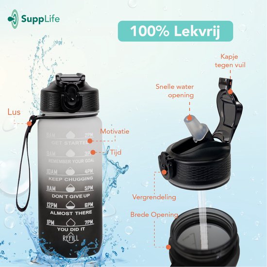 Supplife Motivations-Trinkflasche – 600 ml Trinkflasche – Trinkflasche mit Zeitangabe – Mit Strohhalm – Erwachsene – Kinder – Weiß, Schwarz