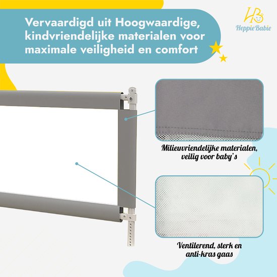 HeppieBabie Bettgitter - Universal - Extra lang 150 CM - Verstellbar - Grau mit Sicherheitsnetz - Bettgitter - Bettgestell