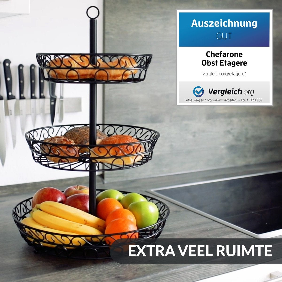 Chefarone Obst Etagere - Obstschale - 3 Schichten - Metall - Schwarz