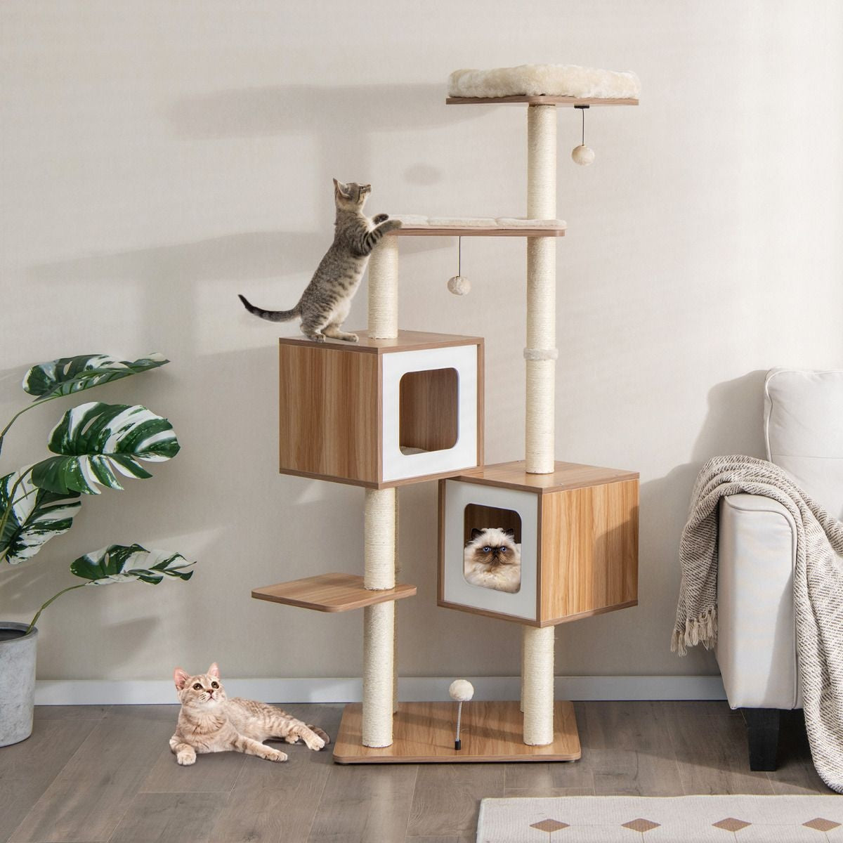 Kratzbaum Holz 163 cm 6 Etagen Großer Kratzbaum Kratzbaum Kletterbaum Beige + Natur