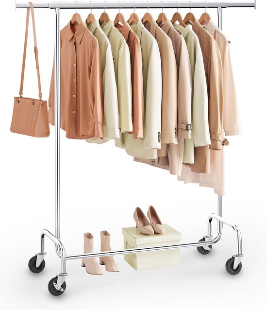 O'DADDYÂ® Kleiderständer auf Rädern - Kleiderständer - Verstellbare Kleiderstange - Ausziehbare Kleiderstange - Verstellbare Hängestange - Stabil bis zu 130 kg - Silber