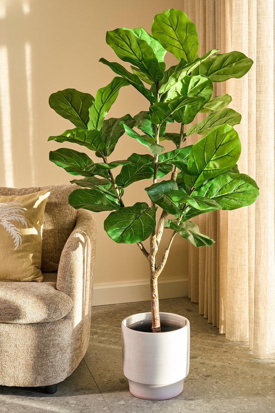 Mica Decorations Ficus Lyrata Kunstpflanze – Kunststoff-Zimmerpflanze im schwarzen Topf – wasser- und UV-beständig für drinnen und draußen – pflegefreie botanische Dekoration – H 150 x Ø 50 cm – grün