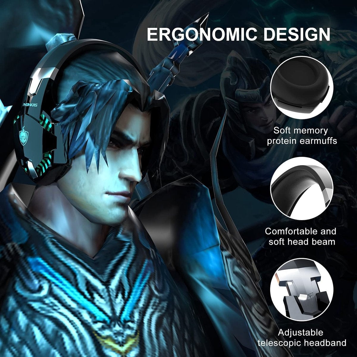 PHOINIKAS G2000 BT Bluetooth Laptop Gaming Headset mit Mikrofon Over-Ear Kopfhörer -Schwarz
