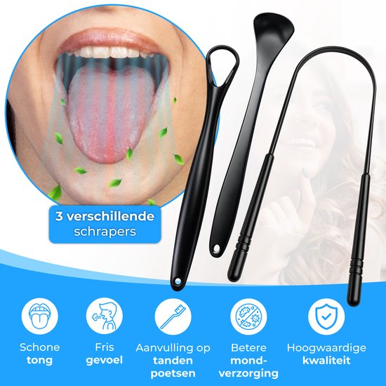 Nuvance Professioneller Zungenschaber – 3-in-1-Set – für die Mundpflege – Zungenreiniger – Zungenschaber – Tongue Scraper – Edelstahl – Schwarz