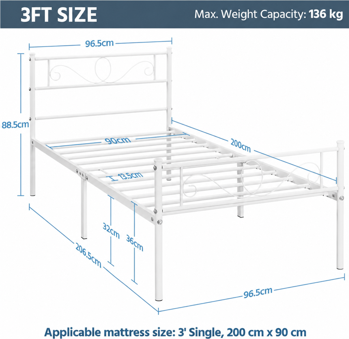 Yaheetech Einzelbett aus Metall mit Lattenrost – 196,5 x 96,5 x 88,5 cm – Weiß