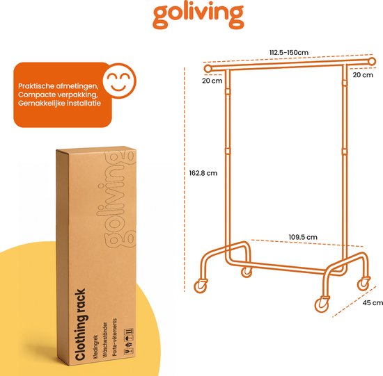 Goliving Kleiderständer auf Rädern XL - Ausziehbarer Kleiderständer 112-150 cm - 130kg Tragkraft - Stabiler Kleiderständer - Metall - Schwarz