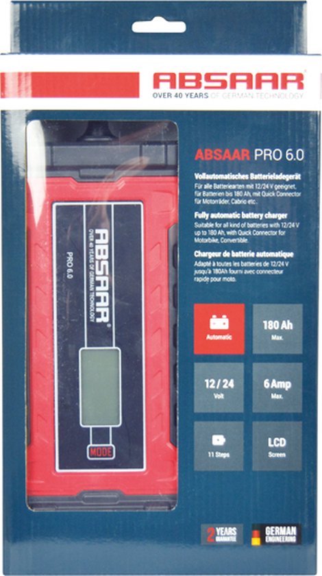 Absaar Batterieladegerät Pro 6.0 (12/24 V – 6 A) 0–120/180 Ah Rot/Schwarz
