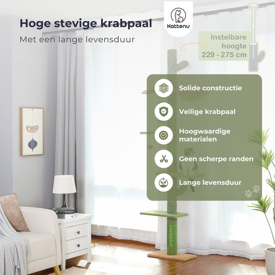 Kattenu CactusTower – Hoher Kratzbaum für die Decke – Verstellbar von 229 bis 275 cm – Grün – Kratzbaum für Katzen zur Befestigung an der Decke