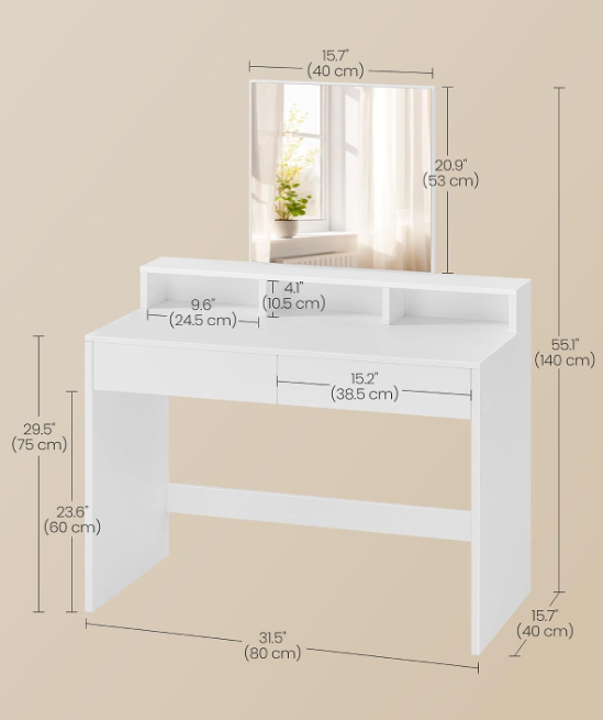 VASAGLE Schminktisch mit Spiegel – 2 Schubladen & 3 Fächer – Weiß – 40 x 80 x 140 cm