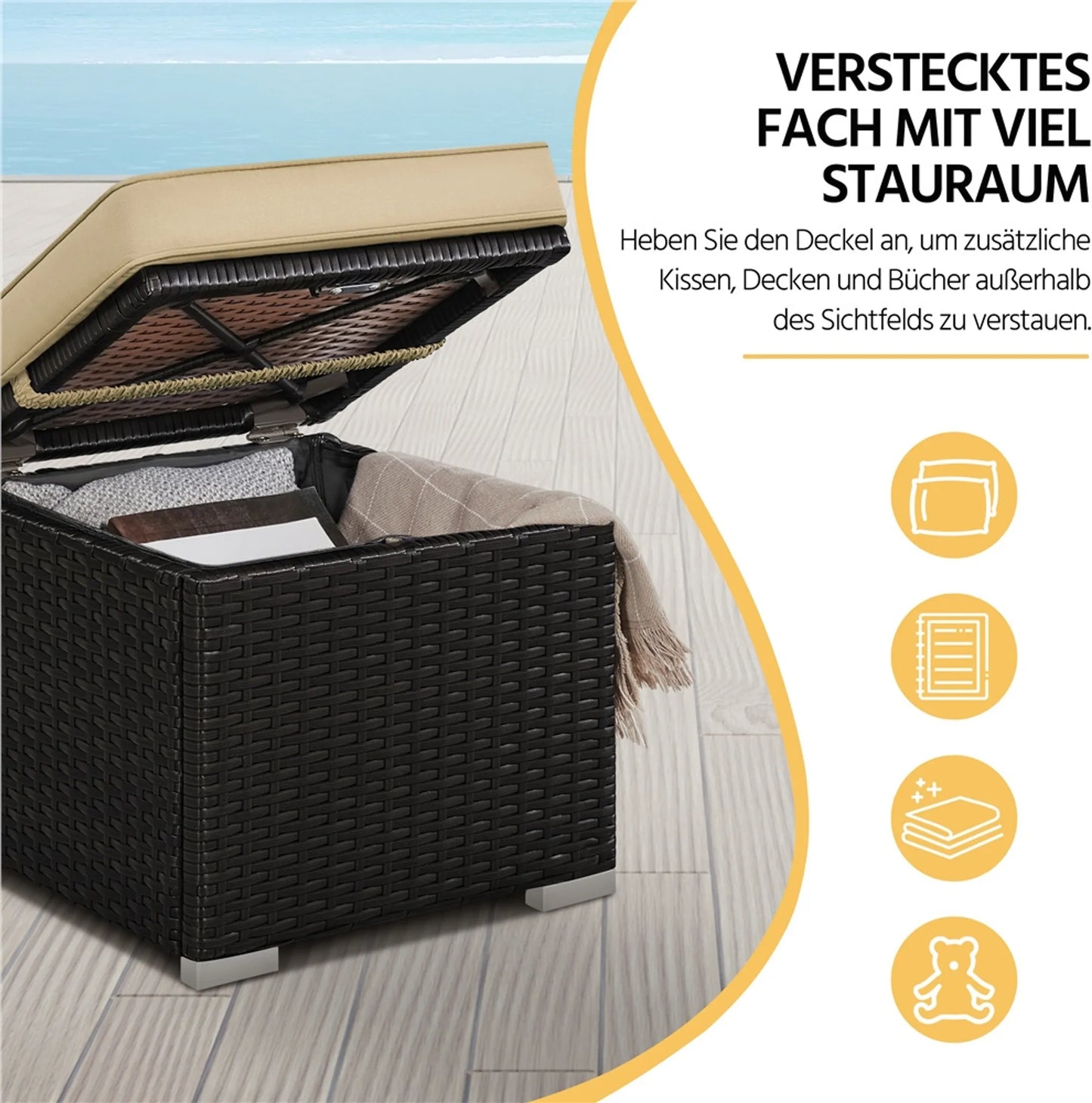 Yaheetech Hocker mit Lagerung 2 Stück - Features versteckten Fach und wasserabweisende Rattan Wicker und pulverbeschichtetem Metallrahmen - für Garten Balkon und Wohnzimmer - Brown Khaki Polyethylen und Metall - 40 x 40 x 42,5 cm