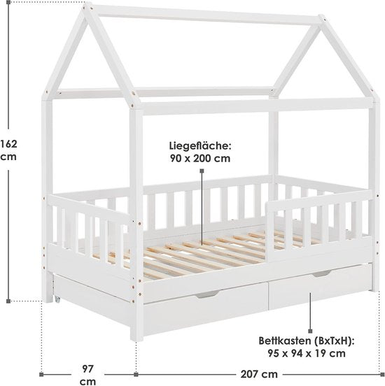 Kinderbett Marli - 90 x 200 cm - Weiß - inkl. Bettkästen