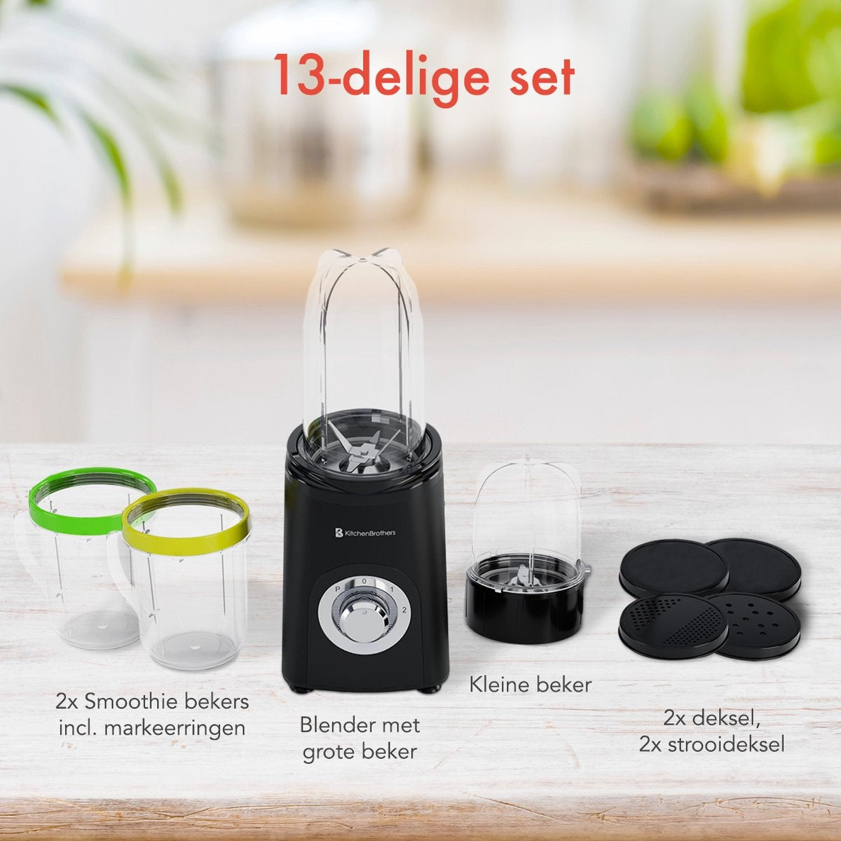 KitchenBrothers Smoothie Mixer - 2-in-1 - 4 Tassen - Smoothie Maker To Go - Mini Mixer - Schwarz