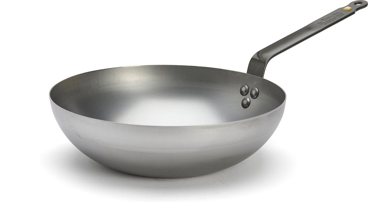 De Buyer Wok - Stahlblech - Ø 28 cm - Breiter Boden - PFAS-frei - Für Induktion - Grau