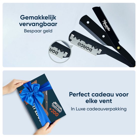 Barbiermesser mit 200 Rasierklingen - Klassisches offenes Rasiermesser - Barbiermesser - Shavette - Gerades Rasiermesser - Klauenmesser - Halsmesser - Barbiermesser