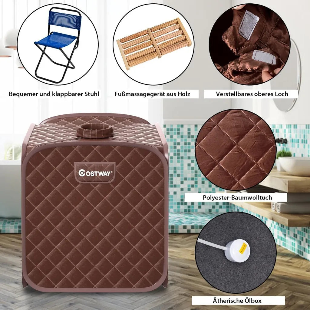 Coast Mini-Dampfsauna 2 Liter – Zusammenklappbare Heimsauna mit Fernbedienung, Timer, 9 Temperaturstufen und Sitz – Braun