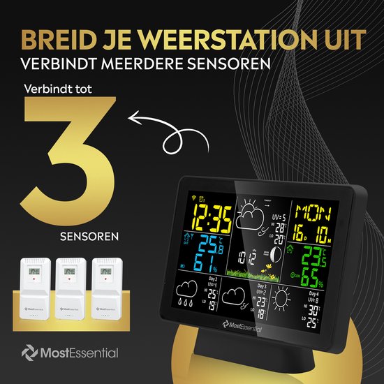 MostEssential Wetterstation Wifi Edition - Drahtlose Wetterstation mit Außensensor - Hygrometer - Innen und Außen - 150 Meter Reichweite - Inklusive App - Schwarz - 2 Sensoren