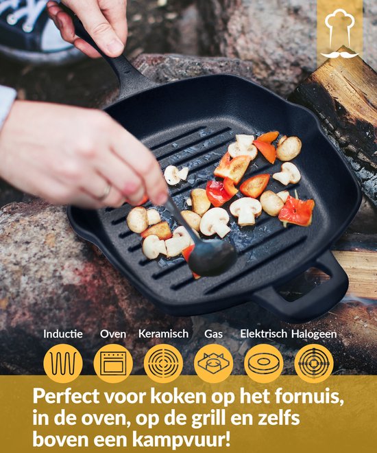 Chefarone Grillpfanne aus Gusseisen – 25,5 cm – Für Induktion, Gas, Backofen und Grill – Quadratische Grillpfanne mit Rillen – Perfekte Grillstreifen und gleichmäßige Wärmeverteilung – Pfanne mit Griff